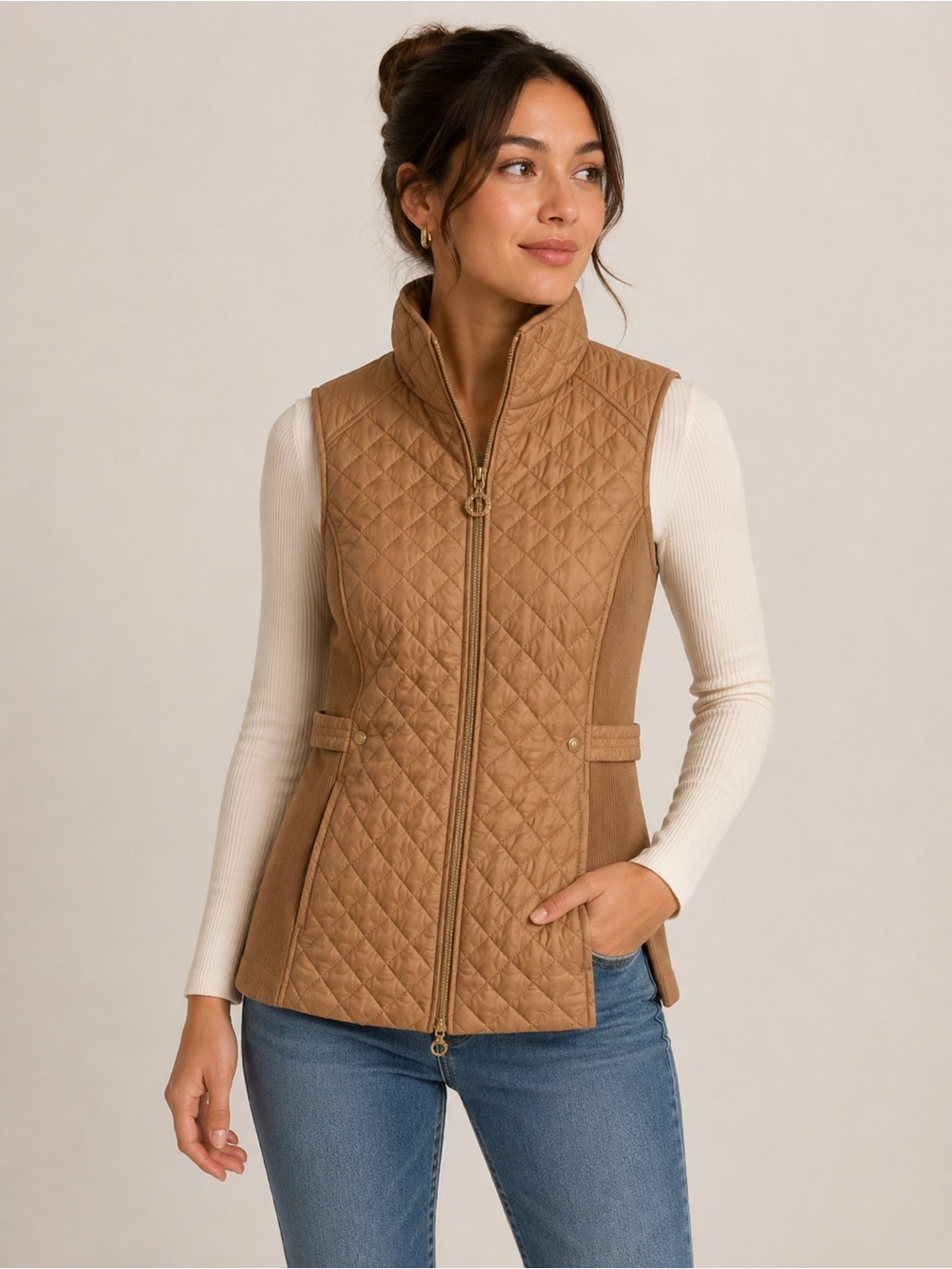Quilted Longline Zip Vest – Camel Tan – Lightweight Puffer Style